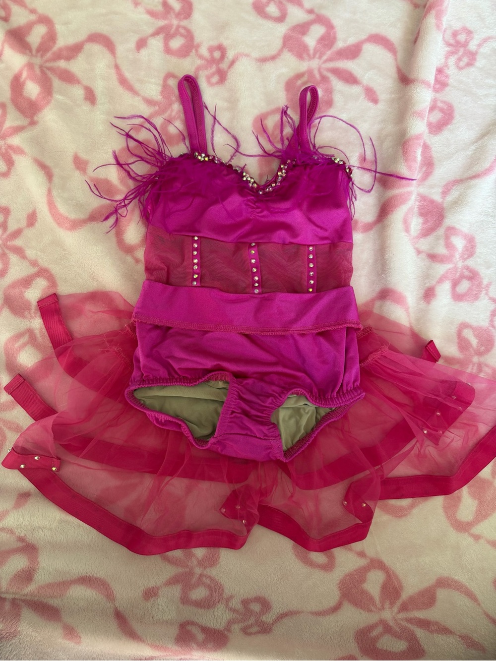 Girls' Hot Pink Fuchsia Tutu Dance Leotard with Feather Trim
